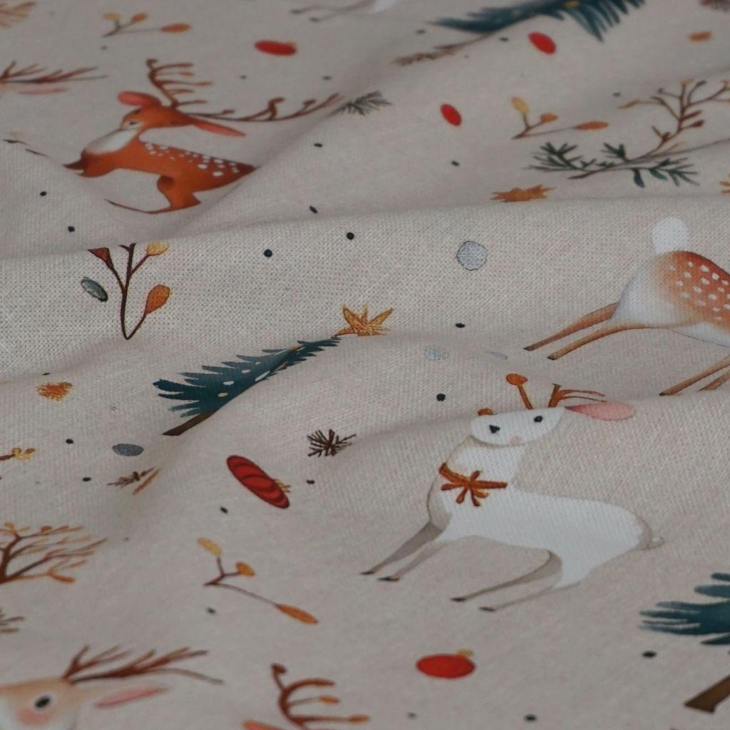 Dekostoff Halbpanama Hirsch Reh Tannenbaum beige